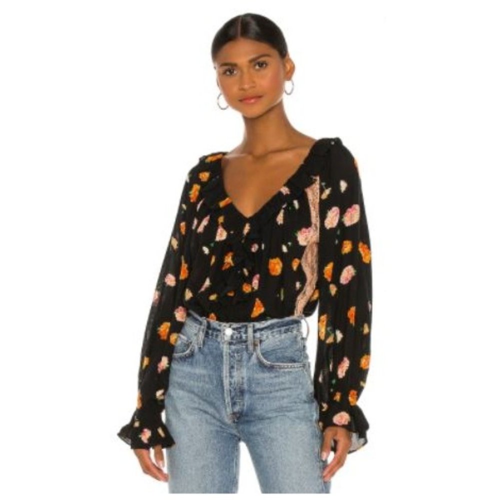 Free People Black Poppy Floral Printed Long Sleeve Bodysuit